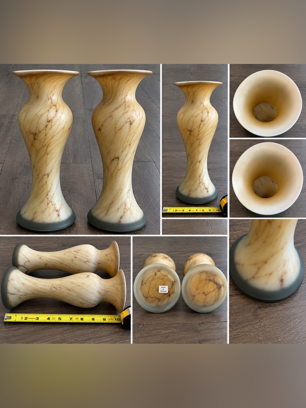 Pair of Vintage Polish Art Glass Vases Frosted Cream Brown Marbled 10”